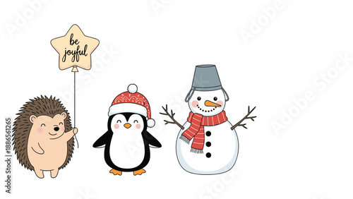 Festive holiday illustration featuring a cute hedgehog with a balloon, a penguin in a santa hat, and a cheerful winter snowman.
