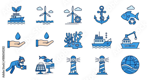 Blue Marine and Renewable Energy Icons Collection.