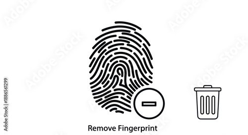 Black Fingerprint Icon with Minus Sign and Trash Can.