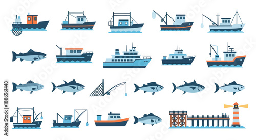 A colorful collection of flat vector illustrations for the fishing industry including boats fish and a pier.