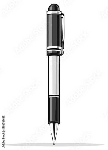 Elegant Black and Silver Ballpoint Pen Illustration with Cap and Clip