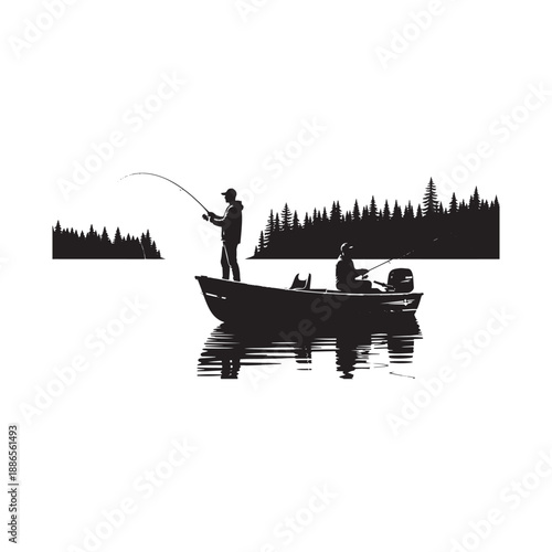 Man fishing from a boat with companion on a lake