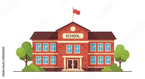 A charming red brick schoolhouse with a flag trees and classic architecture