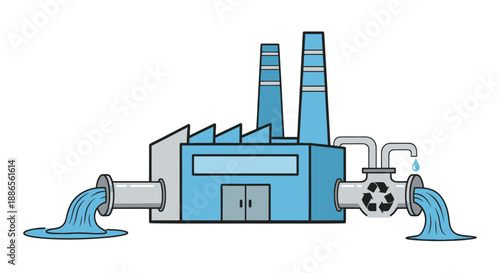Blue industrial factory with pipes discharging water.