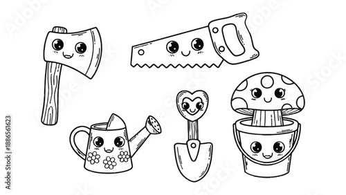 Garden Tools Collection: A charming monochrome illustration of garden tools, each with its own delightful personality, invites you into a world of gardening joy and creativity.