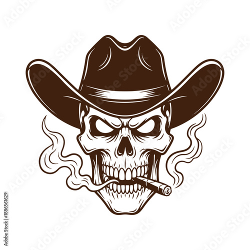 Cowboy skull smoking cigar with hat on head