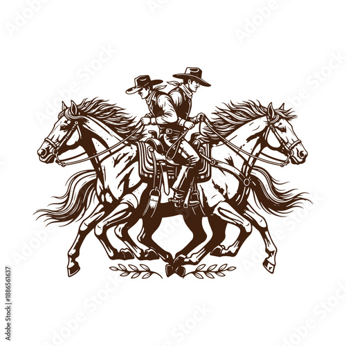 Cowboy riding horseback with companion