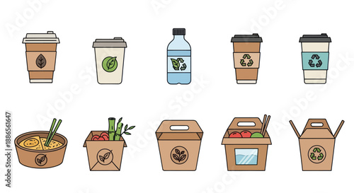 Collection of eco-friendly disposable food and beverage containers.