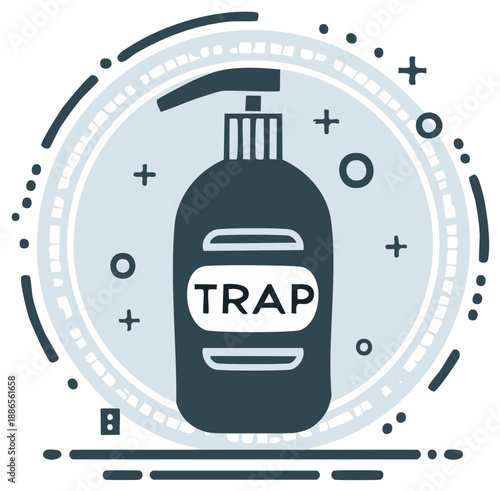 Silhouette of a trap container used for attracting insects and pests within a grey circular border design