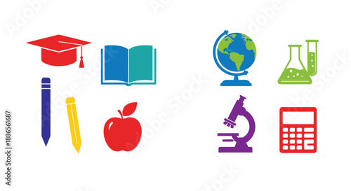 Educational icons representing learning science and knowledge in a colorful design