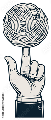 Stylized hand balancing a ball of twine on a finger in monochrome illustration