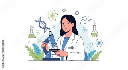 Illustration of a woman in a lab coat examining a specimen with a microscope surrounded by science symbols and plants on International Day of Women and Girls in Science.
