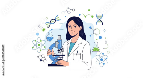 Illustration of a woman in a lab coat using a microscope surrounded by science symbols on International Day of Women and Girls in Science.
