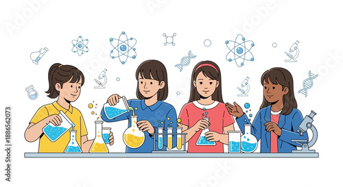Illustration of a diverse group of young girls engaged in science experiments with various equipment on International Day of Women and Girls in Science, conveying a sense of teamwork and