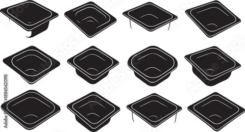 Black plastic food containers on white background illustration set