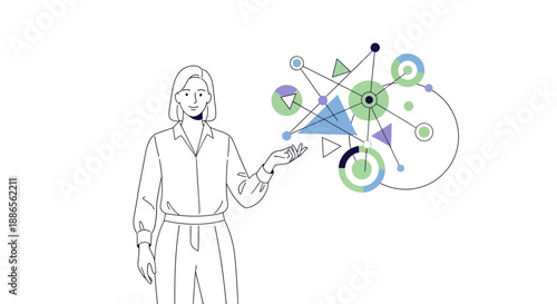 Illustration of a woman presenting a science-related graphic with geometric shapes and lines on a white background, symbolizing the International Day of Women and Girls in Science.