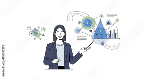 Illustration of a woman in a business suit presenting science data with graphs and charts on International Day of Women and Girls in Science.