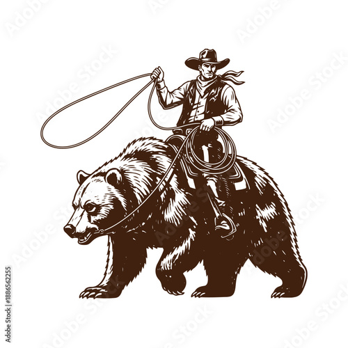Cowboy riding bear with lasso rope in hand