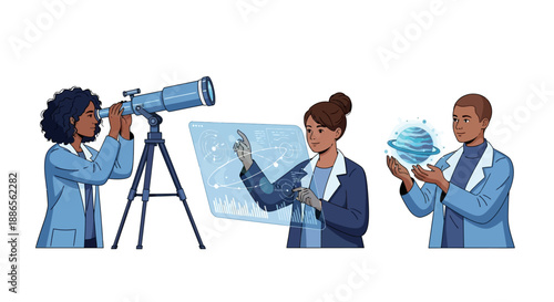 Illustration of diverse women and girls in science, including a scientist looking through a telescope, another examining a globe, and a third working with a microscope and data on a screen.