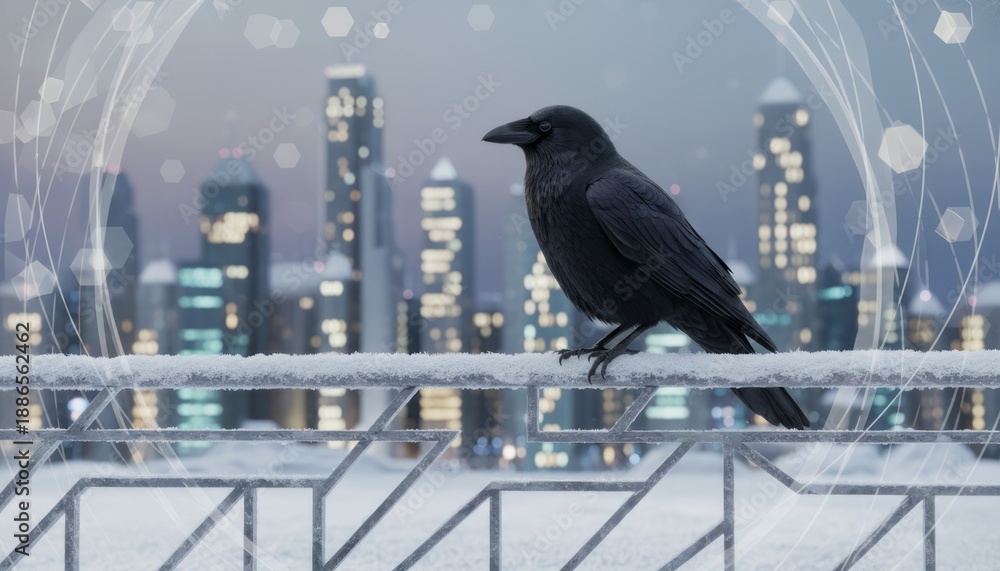 Obraz premium Raven on Snowy Railing with City Background. Concept featuring raven, snow, winter, city skyline, urban.