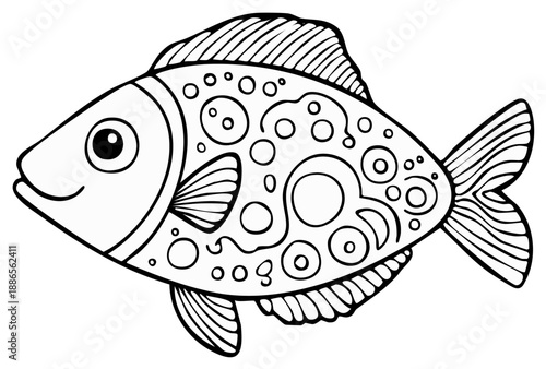 Black and white illustration of an ornate fish, side view with detailed patterns, contour outline