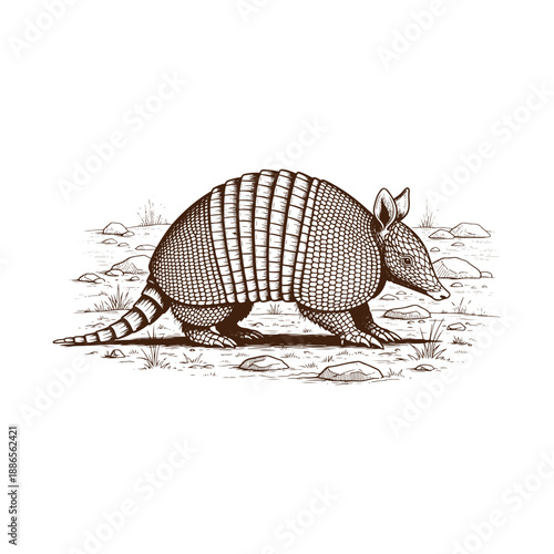 Armadillo walking in the wild with protective shell