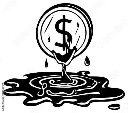 Melting Dollar Coin Dripping Black Liquid Symbolizing Financial Loss or Economic Crisis