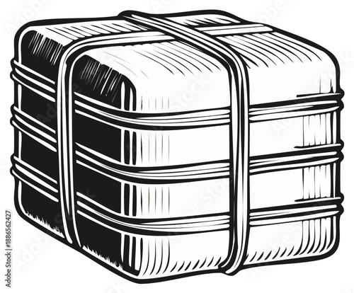 Traditional stacked food containers tied with string in a monochrome illustration