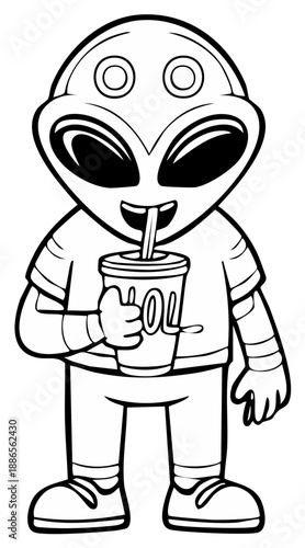 Cartoon alien character enjoying a beverage with a straw in a playful illustration.