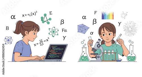 Illustration of a woman working on a laptop and a girl in a lab with science equipment and formulas on International Day of Women and Girls in Science.