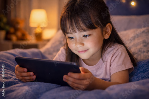 Young girl Lying in Bed at Night Watching a Tablet