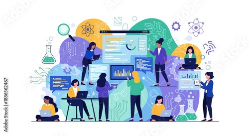 Illustration of diverse team of women and girls in science collaborating with various equipment and technology on International Day of Women and Girls in Science.