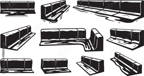 Various sofa designs in black and white illustrations