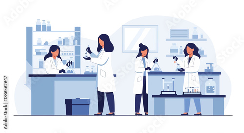 Illustration of women and girls in a laboratory setting celebrating International Day of Women and Girls in Science with teamwork and scientific equipment.