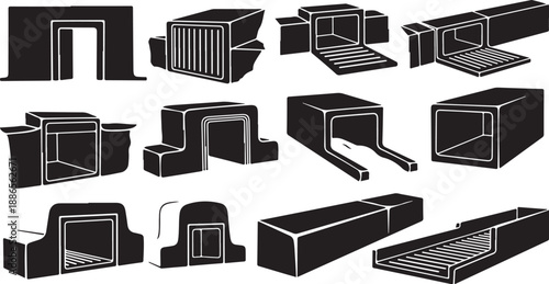 Various 3D black and white architectural cutaway illustrations