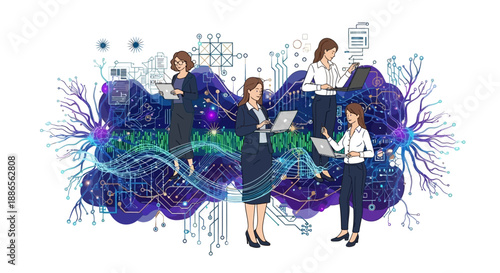 Illustration of women and girls in science, teamwork and collaboration on International Day of Women and Girls in Science, with a colorful abstract background and various scientific tools.