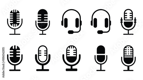 Black and white of microphones and headsets audio