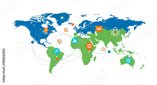 Illustration of a world map with various icons and connections on a white background, celebrating International Day of Women and Girls in Science with a global teamwork theme.