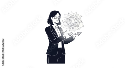 Illustration of a woman in a business suit presenting scientific concepts on International Day of Women and Girls in Science with a microscope and telescope nearby.