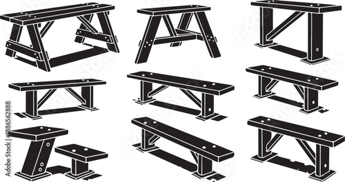 Collection of various black benches in different orientations