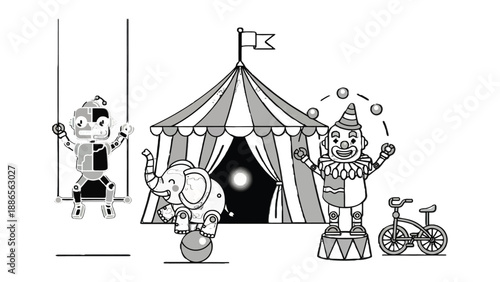 Circus Spectacle: A whimsical illustration of a circus scene, featuring a big top, clown juggling balls, an elephant balancing on a ball, and a acrobat on a swing. 
