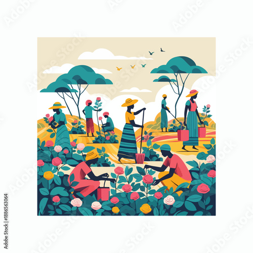 people harvesting roses flat vector icon lifestyle illustration