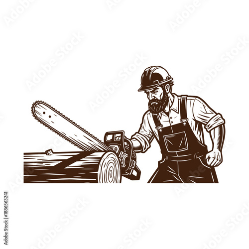 Lumberjack cutting wood with chainsaw