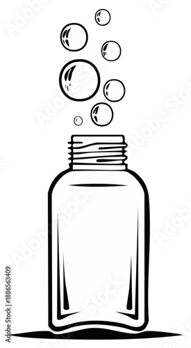 Clear bottle with bubbles rising from its opening, graphic illustration