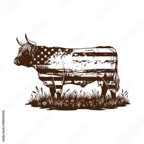 Patriotic bull standing in the grass with american flag pattern
