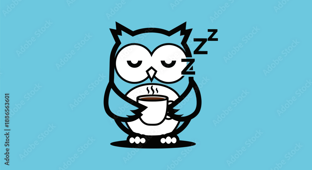 Fototapeta premium Cartoon owl sleeping with coffee