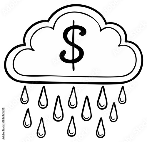 Cloud raining money illustration, business and finance concept in black and white.