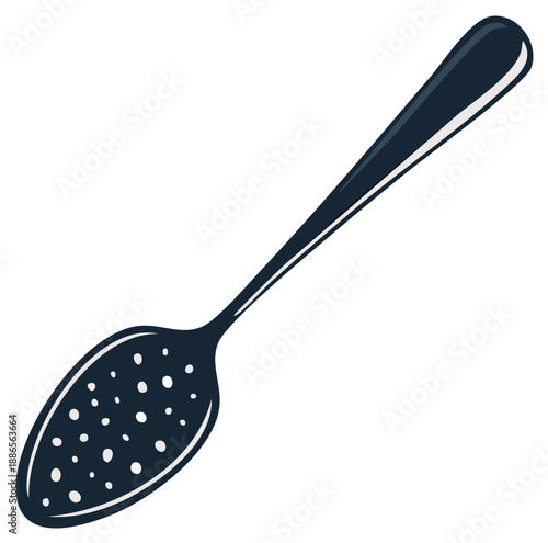 A dark colored slotted serving spoon with a long handle and round holes for draining liquid