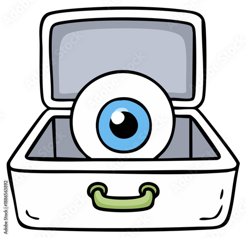 Cartoon eyeball sitting inside a briefcase with handle vector illustration
