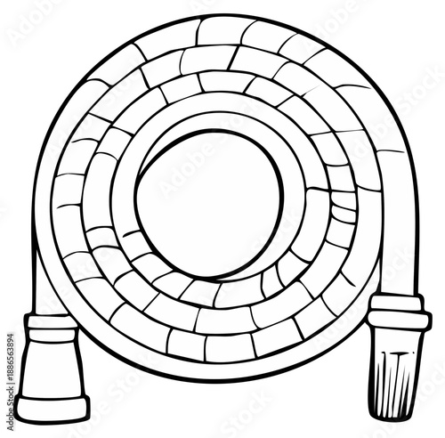Coiled garden hose illustration shows circular shape and potential use for watering lawns and plants
